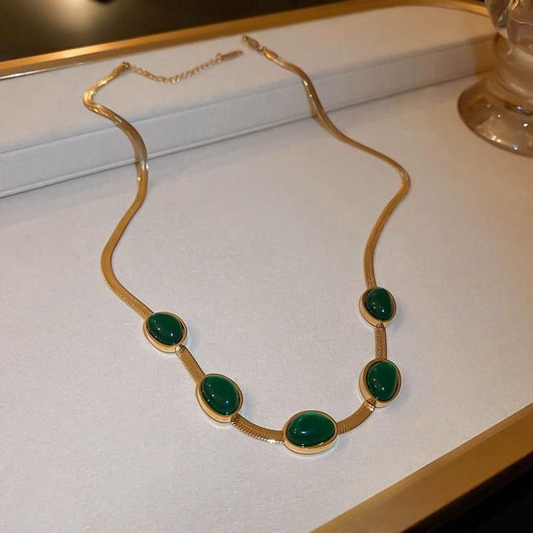 Oval Green Crystal Pendant Necklace Set with Matching Bracelet | Gold-Plated Jewelry Set for Women