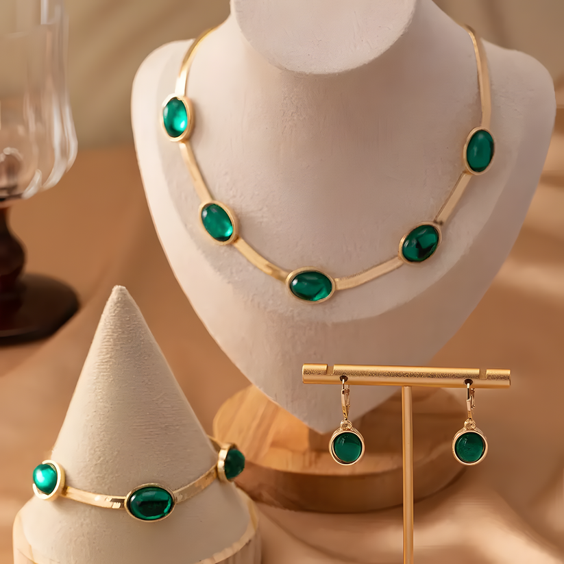 Oval Green Crystal Pendant Necklace Set with Matching Bracelet | Gold-Plated Jewelry Set for Women